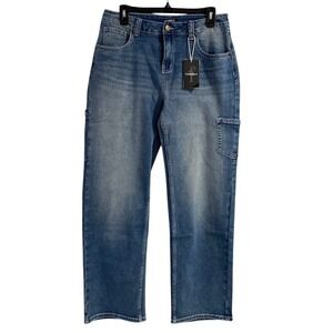 FLAMINGALS Women's Denim Cargo Jeans Medium Blue Wash Straight Leg Pocket Size M